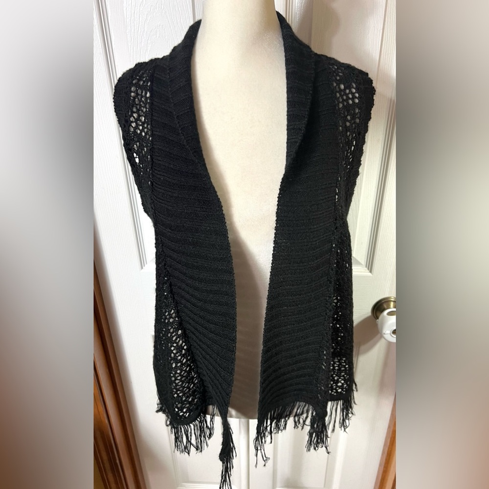 Bongo Sleeveless Sweater Vest Cardigan Fringe Open Knit Black Lightweight Size M